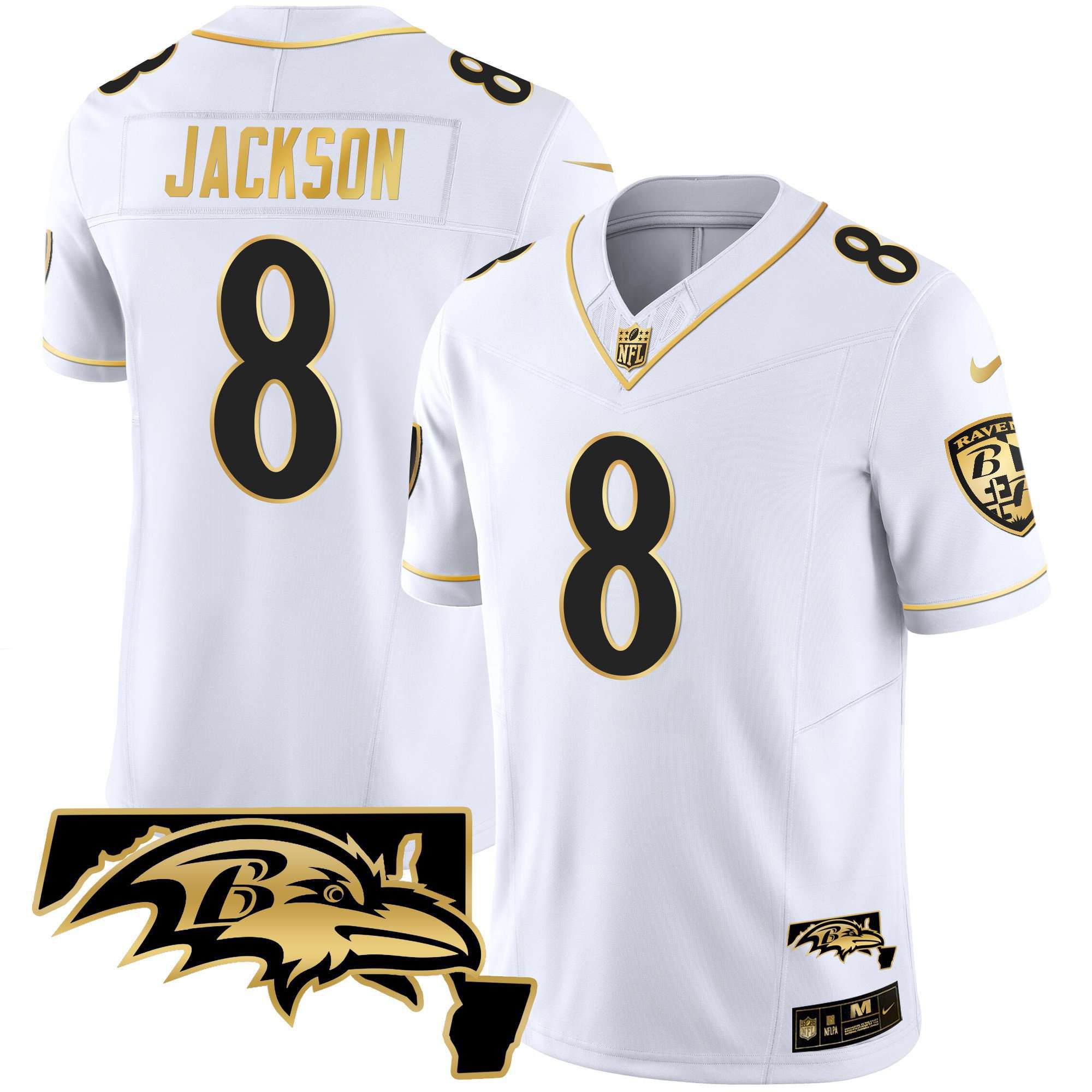 Men Baltimore Ravens 8 Jackson White Gold 2024 Nike Maryland Patch Vapor Limited NFL Jersey